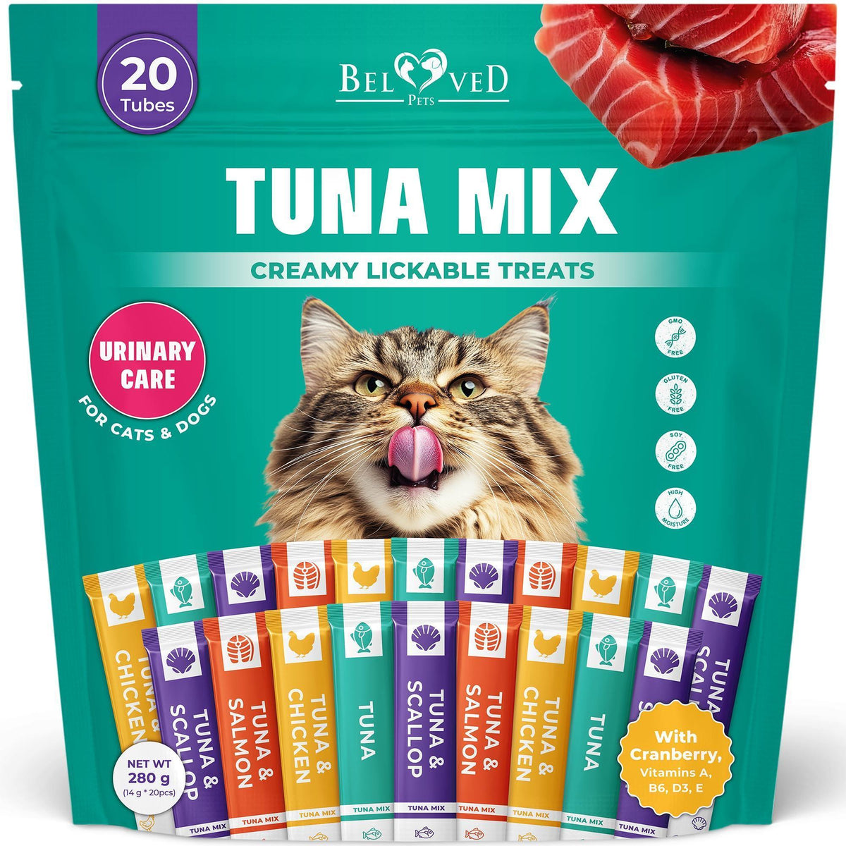Beloved Pets Tuna Urinary Care Creamy Lickable Cat Treats – 20 Sticks