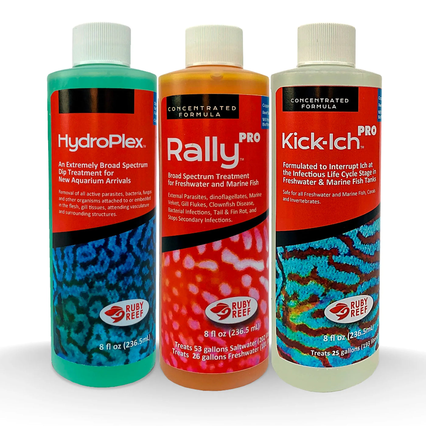 Ruby Reef PRO 8 Bundle – Aquarium Fish Treatment Kit with Kick-Ich PRO, Rally PRO & HydroPlex (8 oz Each)