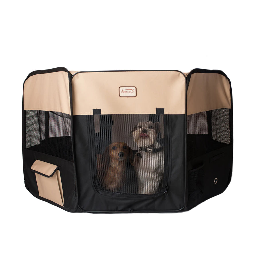 Armarkat XL Portable Pet Playpen – Foldable Indoor & Outdoor Dog & Cat Playpen, Black & Beige