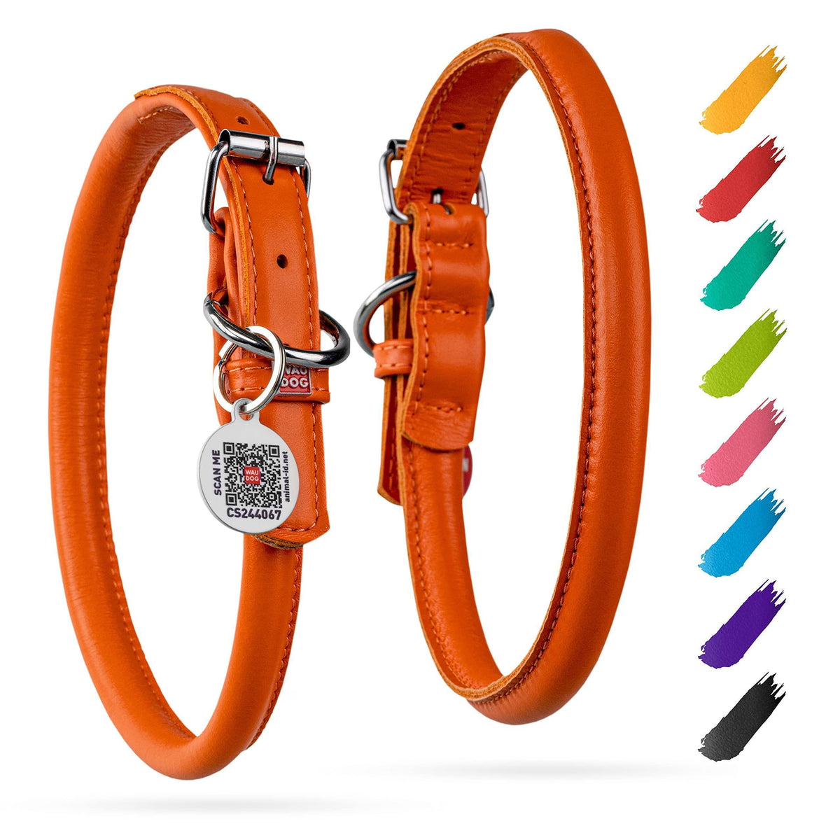 Orange Rolled Leather Dog Collar – 13–16 in Neck