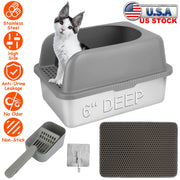 Enclosed Stainless Steel Cat Litter Box with High-Sided Splash Guard
