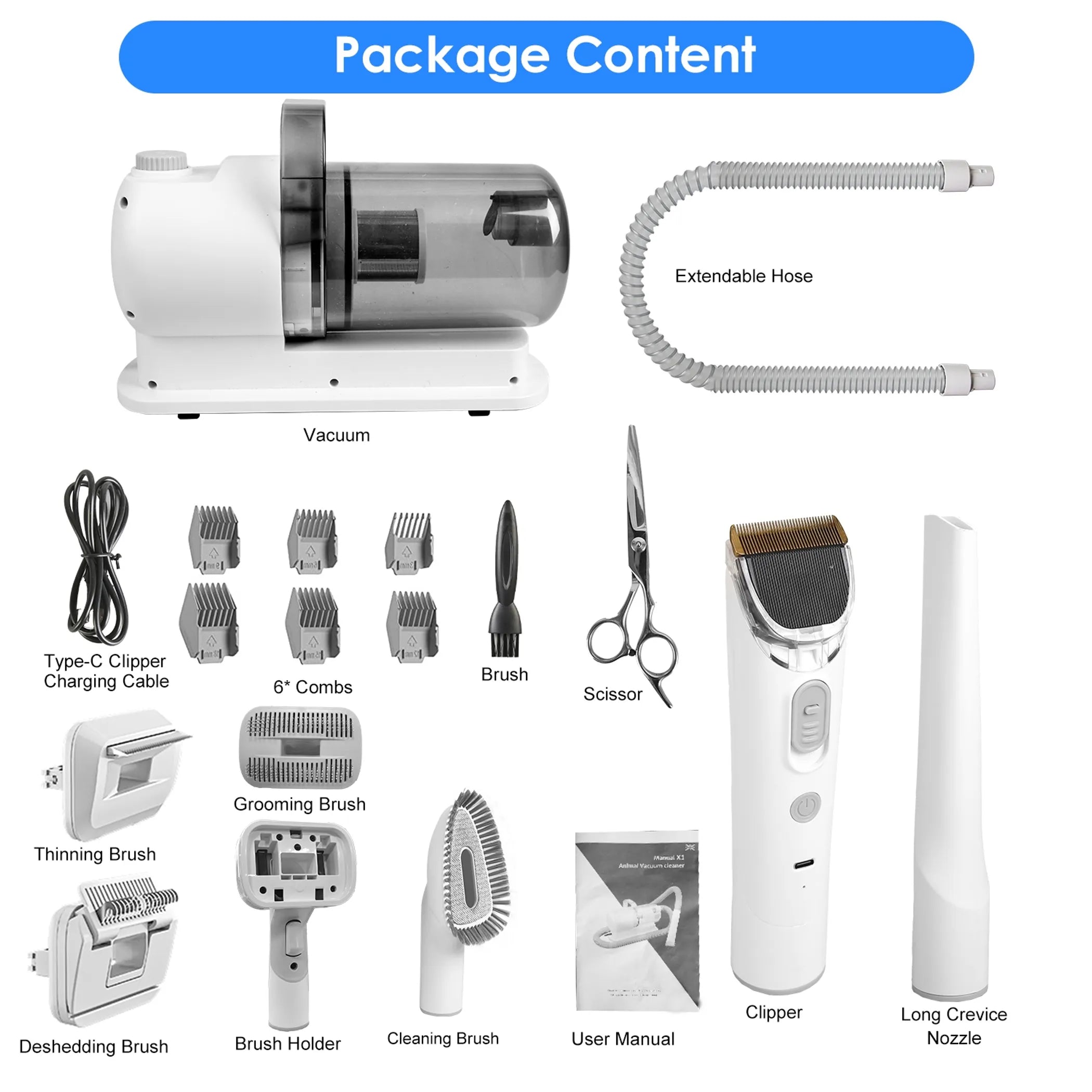 Professional Pet Grooming Vacuum Kit – 7-in-1 Quiet Vacuum & Clipper System