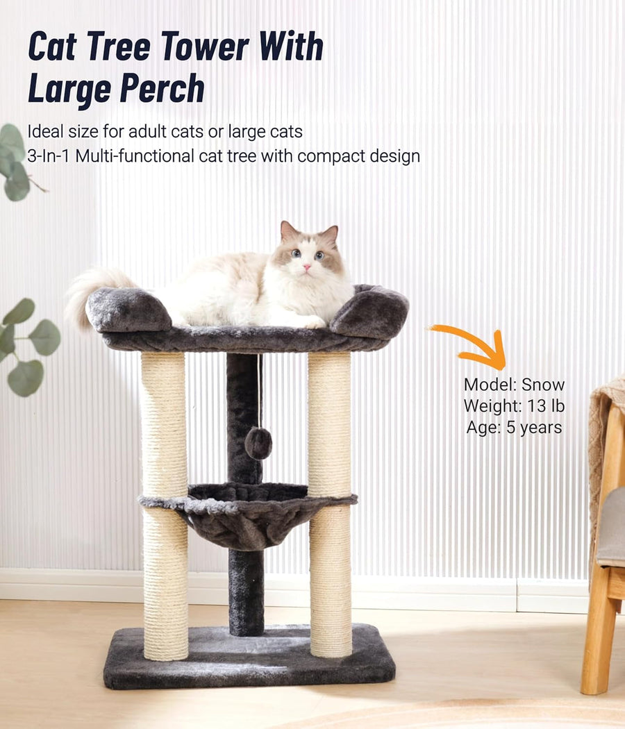 28-Inch Cat Tree for Large Cats – Window Perch, Hammock & Scratching Post