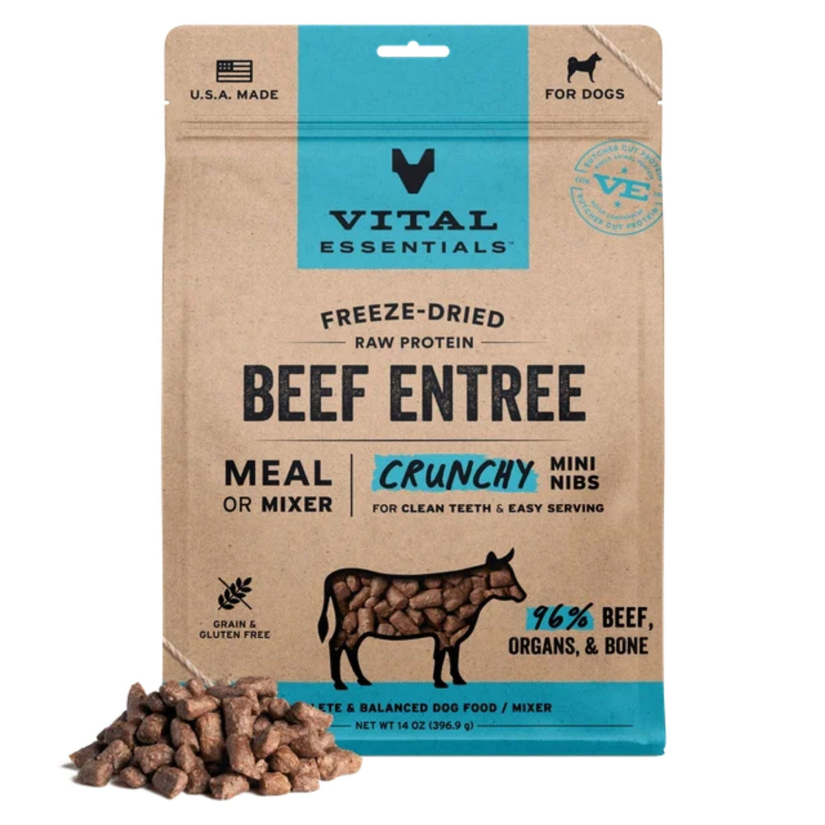 Vital Essentials Dog Freeze-Dried Raw Grain Free Beef Entree Mini Nibs 14oz.