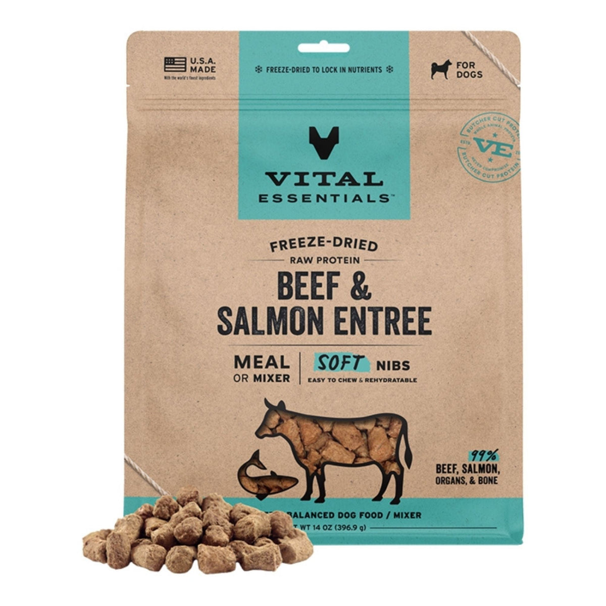 Vital Essentials Dog Freeze-Dried Raw Grain Free Beef & Salmon Entree & Mixer Soft Nibs 14oz.
