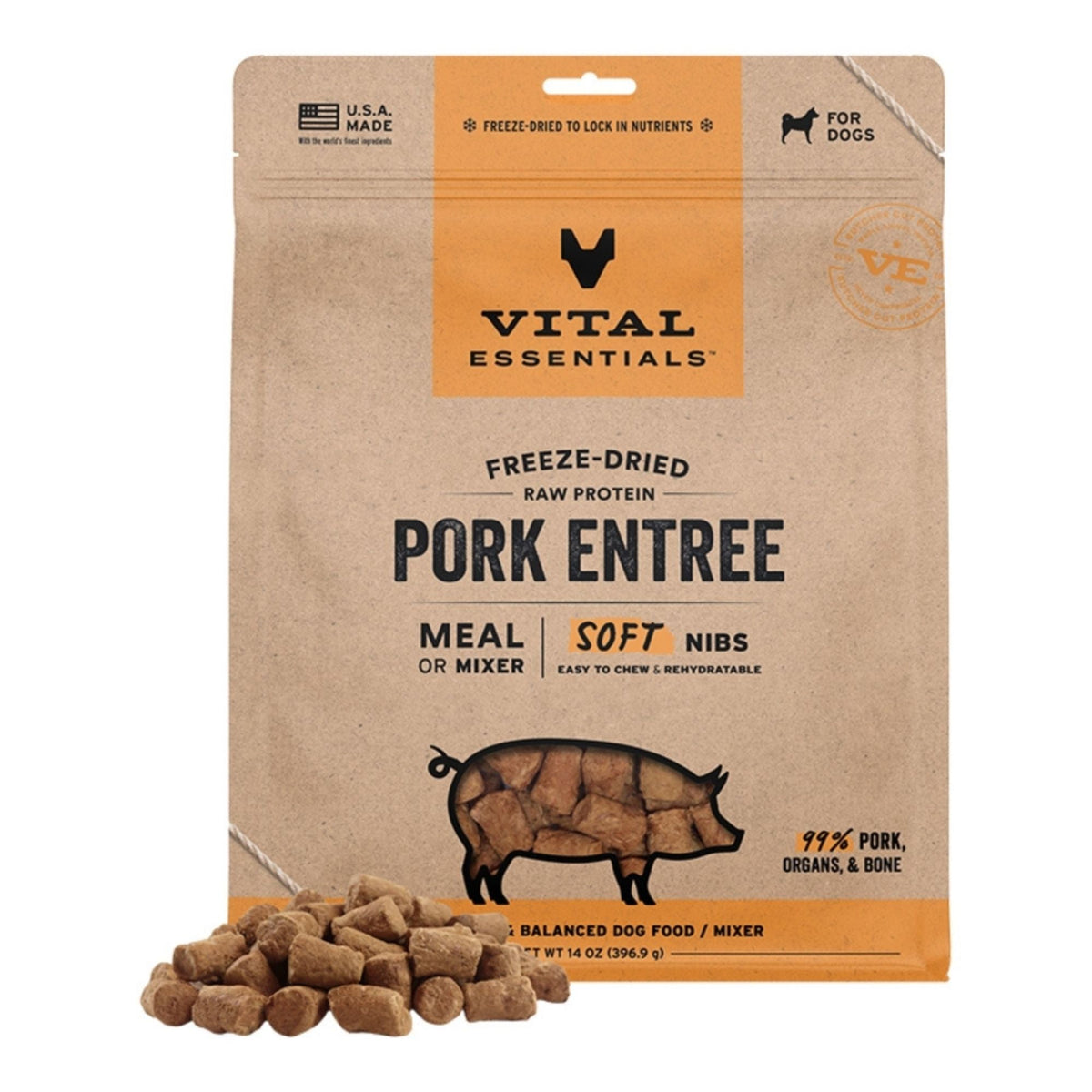 Vital Essentials Dog Freeze-Dried Raw Grain Free Pork Entree & Mixer Soft Nibs 14oz.