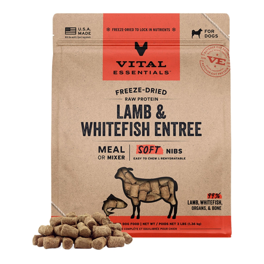 Vital Essentials Dog Freeze-Dried Raw Grain Free Grain Free Lamb & Whitefish Entree & Mixer Dog Food Soft Nibs 3Lbs