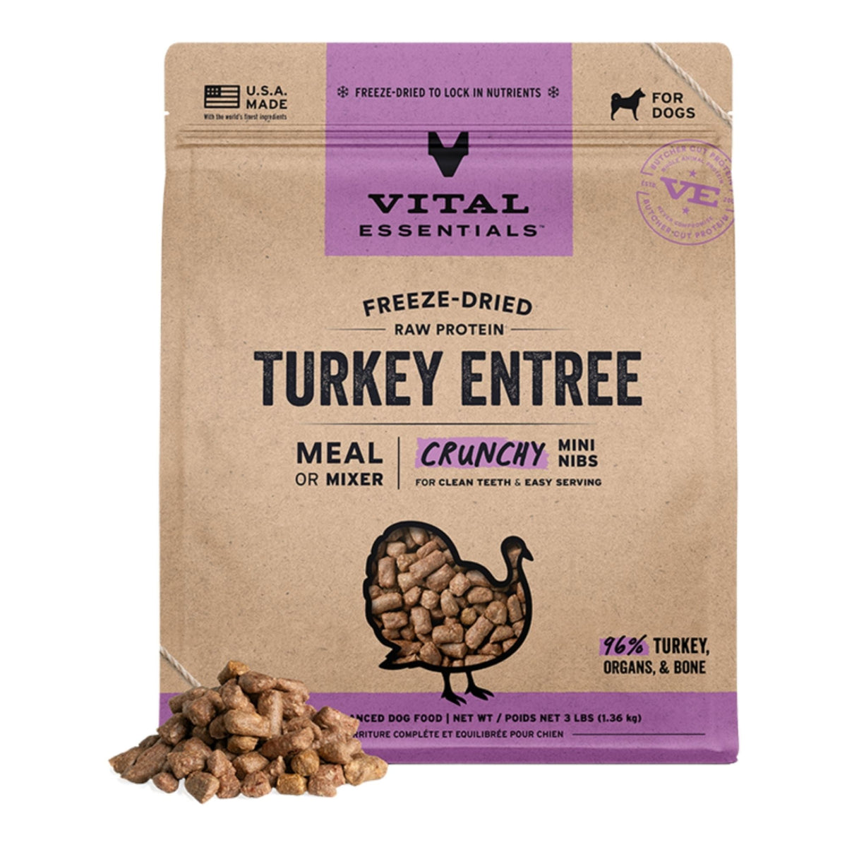 Vital Essentials Dog Freeze-Dried Raw Grain Free Turkey Entree & Mixer Crunchy Mini Nibs 3 Lbs