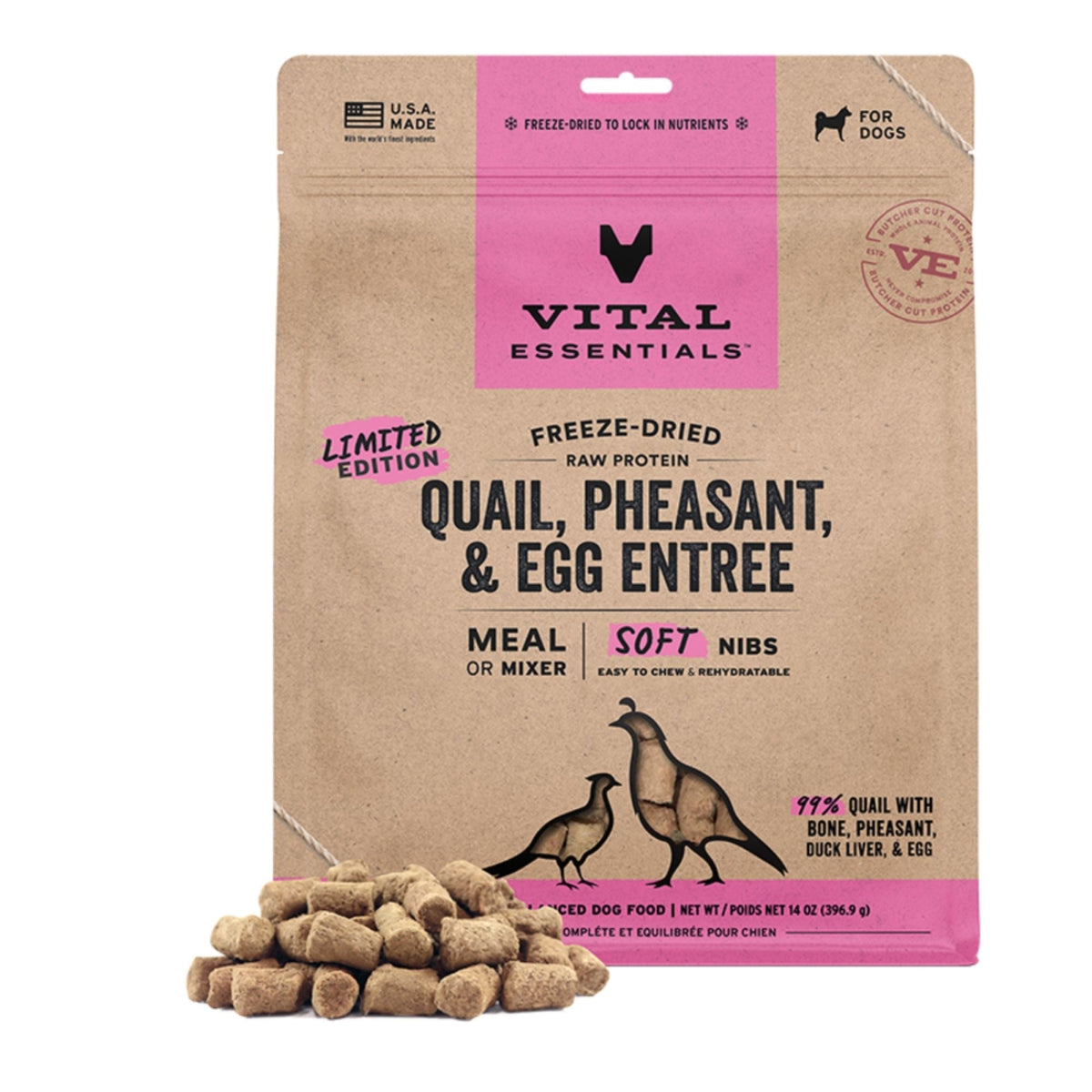 Vital Essentials Dog Freeze-Dried Raw Grain Free Quail Pheasant Egg Entree & Mixer Soft Nibs 14oz.