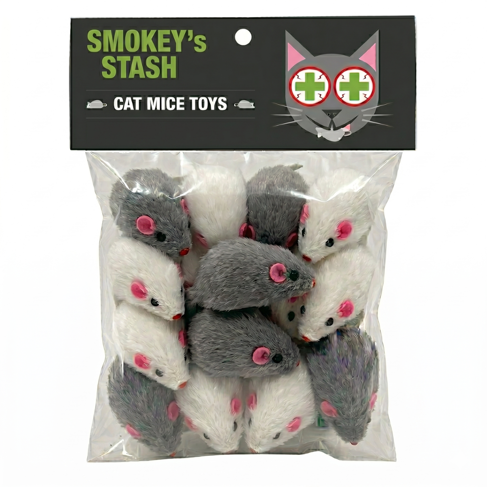 Smokey's Stash Rabbit Fur Mouse Cat Toys – 12 Pack by Smokey's Stash