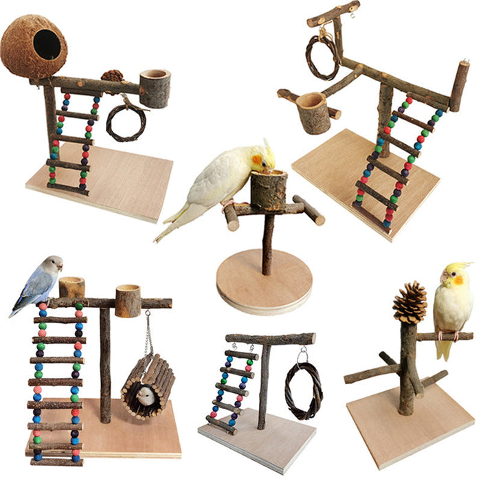 Solid Wood Bird Perch & Training Shelf – Natural Parrot Play Station