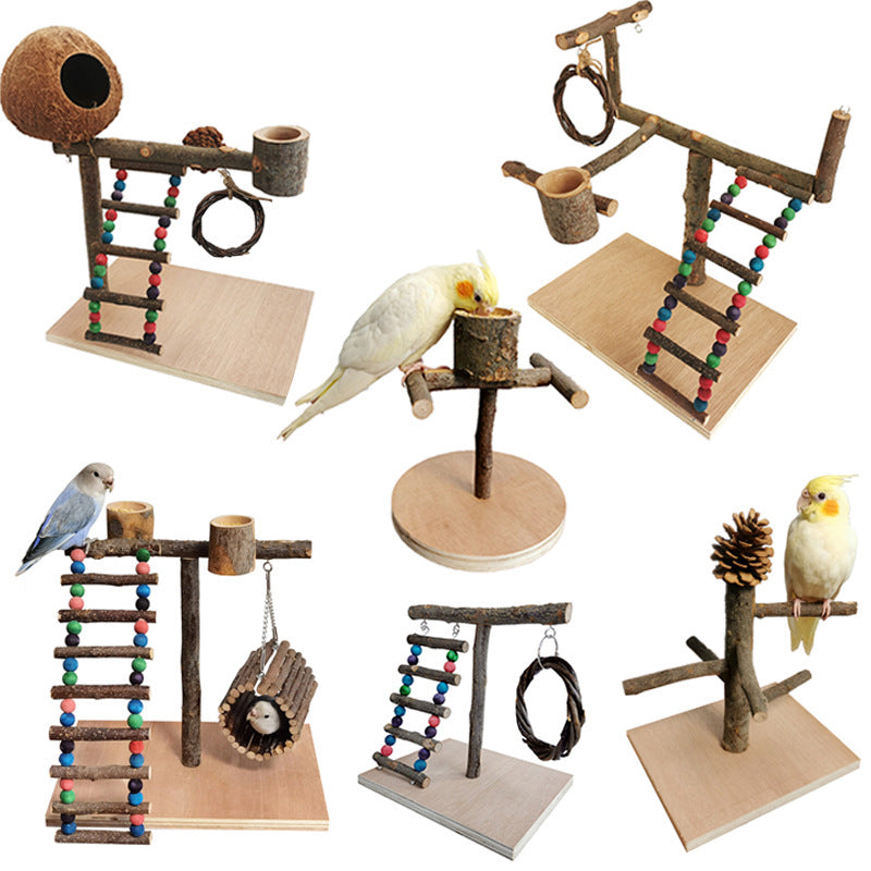 Solid Wood Bird Perch & Training Shelf – Natural Parrot Play Station