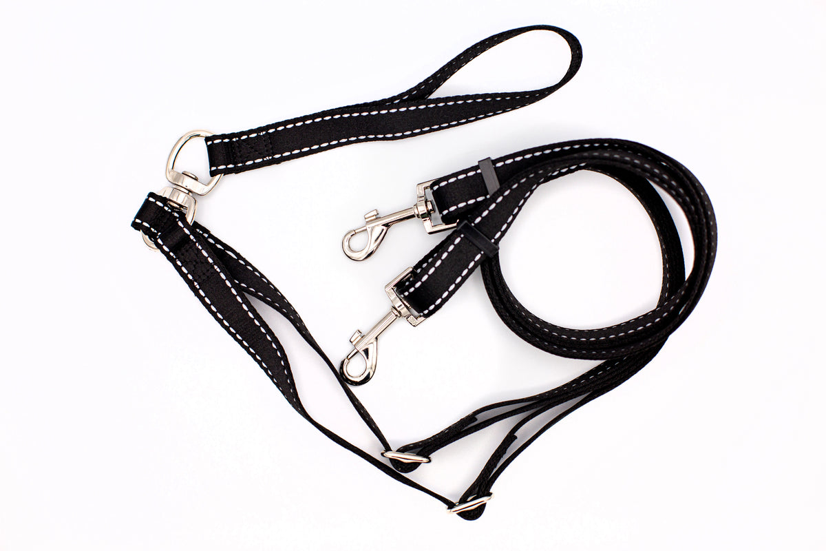Euro-Dog Outdoor Style Black Reflective Adjustable Double Leash