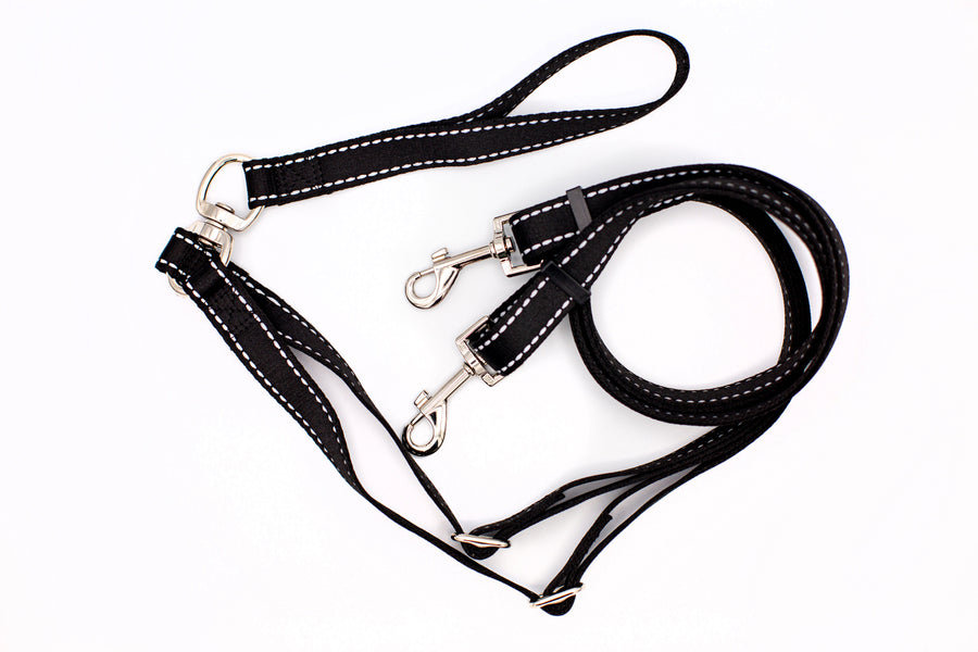 Euro-Dog Outdoor Style Black Reflective Adjustable Double Leash
