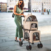 Double Pet Stroller Foldable 3-in-1 Dog Stroller with 2 Detachable Carriers-Beige - Pristine Pet Supply
