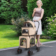Double Pet Stroller Foldable 3-in-1 Dog Stroller with 2 Detachable Carriers-Beige - Pristine Pet Supply