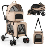 Double Pet Stroller Foldable 3-in-1 Dog Stroller with 2 Detachable Carriers-Beige - Pristine Pet Supply