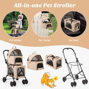 Double Pet Stroller Foldable 3-in-1 Dog Stroller with 2 Detachable Carriers-Beige - Pristine Pet Supply