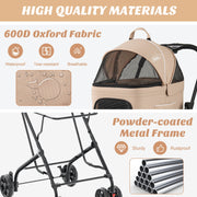 Double Pet Stroller Foldable 3-in-1 Dog Stroller with 2 Detachable Carriers-Beige - Pristine Pet Supply