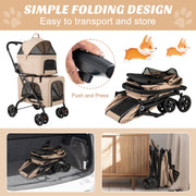 Double Pet Stroller Foldable 3-in-1 Dog Stroller with 2 Detachable Carriers-Beige - Pristine Pet Supply
