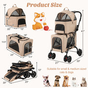 Double Pet Stroller Foldable 3-in-1 Dog Stroller with 2 Detachable Carriers-Beige - Pristine Pet Supply