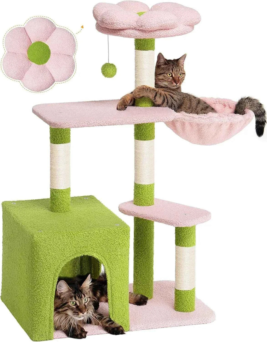 Large Floral Cat Tree with 2-Door Condo & Hammock