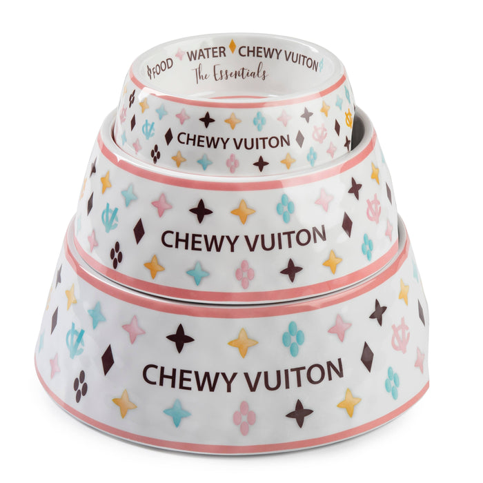 Haute Diggity Dog White Chewy Vuiton Dog Bowl - 3 Sizes