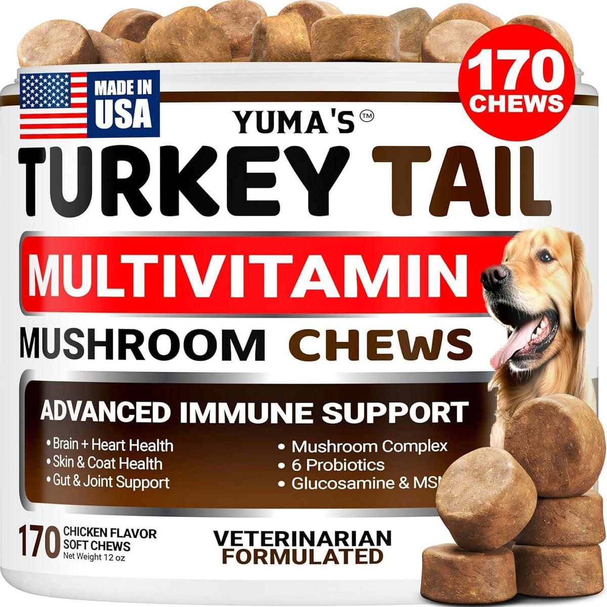 Yuma's Turkey Tail Multivitamin Mushroom Chews for Dogs – 170 Count