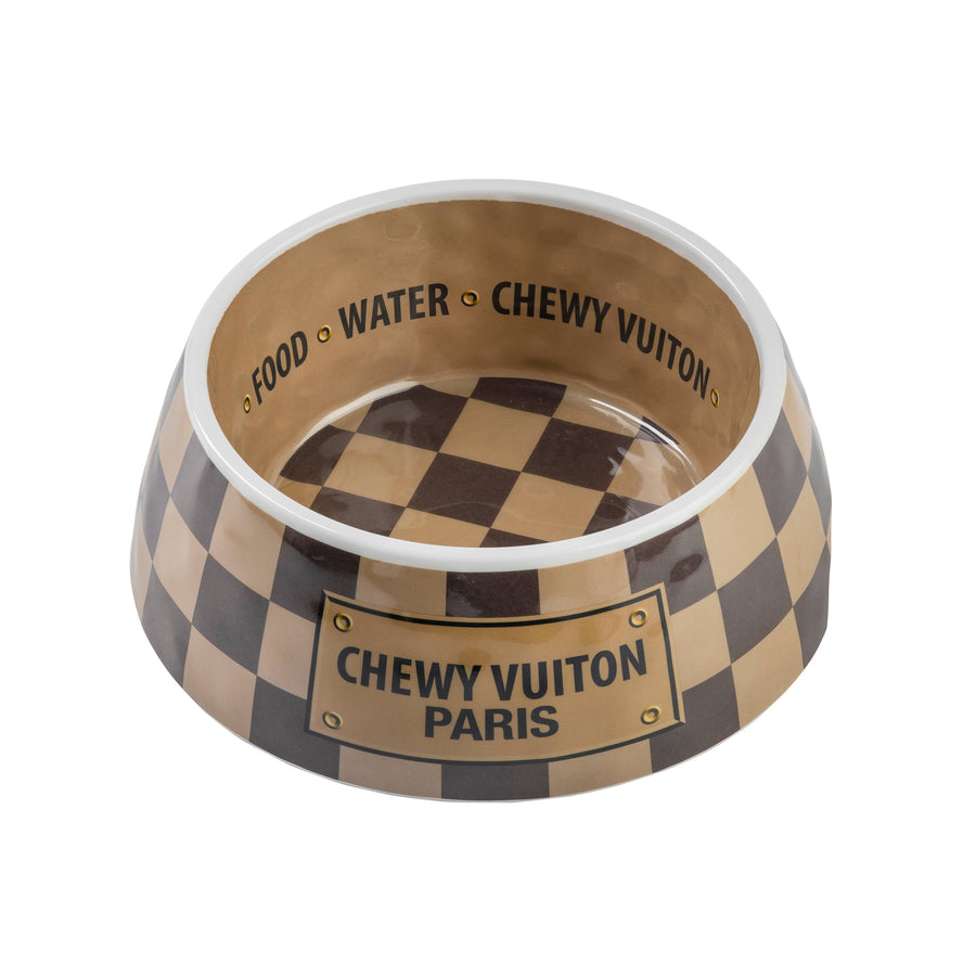 Haute Diggity Dog Tan Checker Chewy Vuiton Bowl - 3 Sizes!! Dog Bowls by Haute Diggity Dog - dog supply